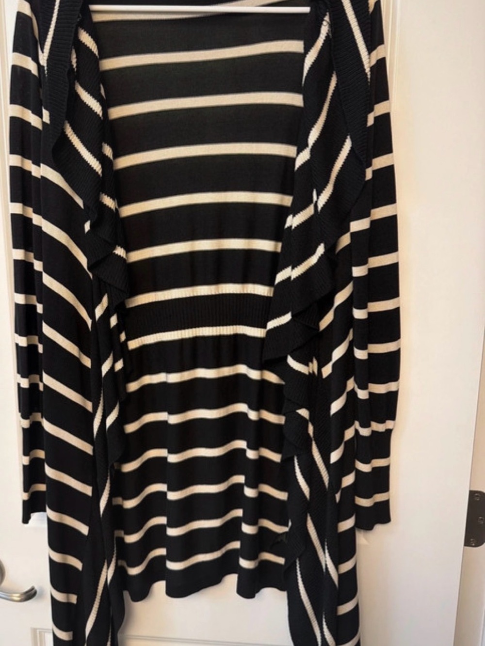 White House Black Market Black and Ivory Striped Draped Cardigan
